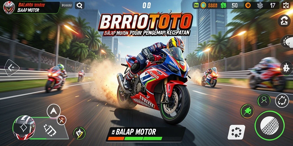 Antarmuka BRIOTOTO menampilkan trek balap yang menegangkan dan motor kece.