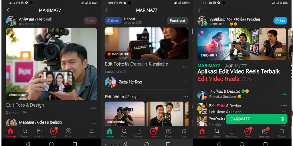 Screenshot MARIMA77 menampilkan antarmuka editing video reels yang sederhana dan menarik.